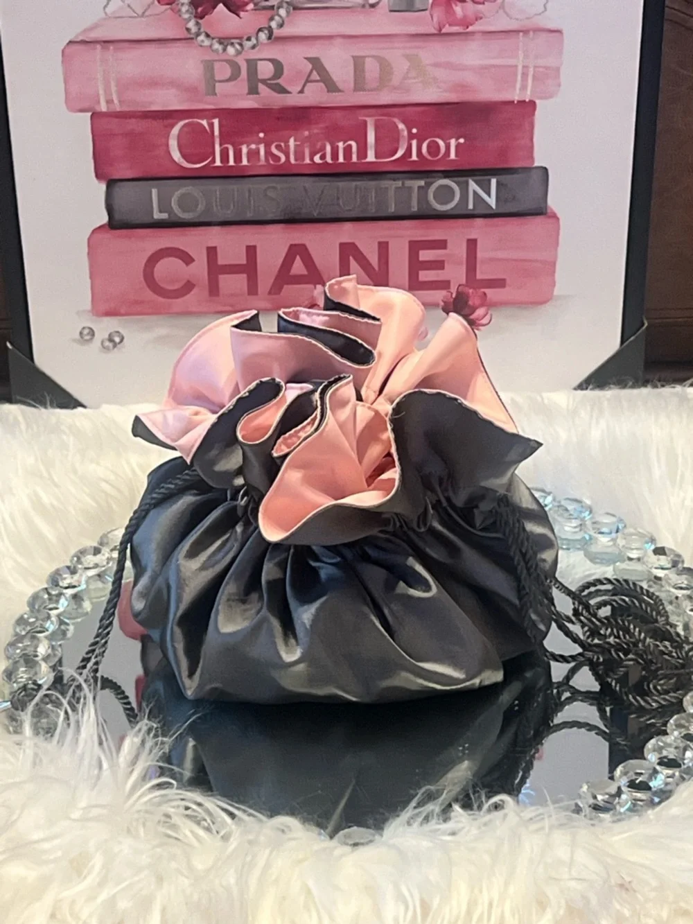 ANNICK GOUTAL Italy Elegant Satin gray and Pink Ruffle travel makeup bag